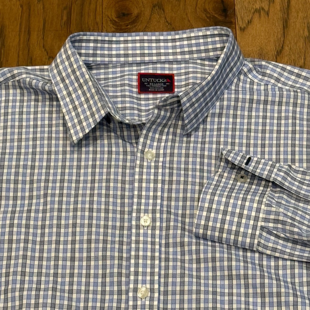 UNTUCKit Mens XXL Tall Wrinkle Free Cotton Blue Check Button Down Shirt Long Slv